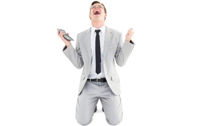 Geeky cheering businessman holding calculator on white background